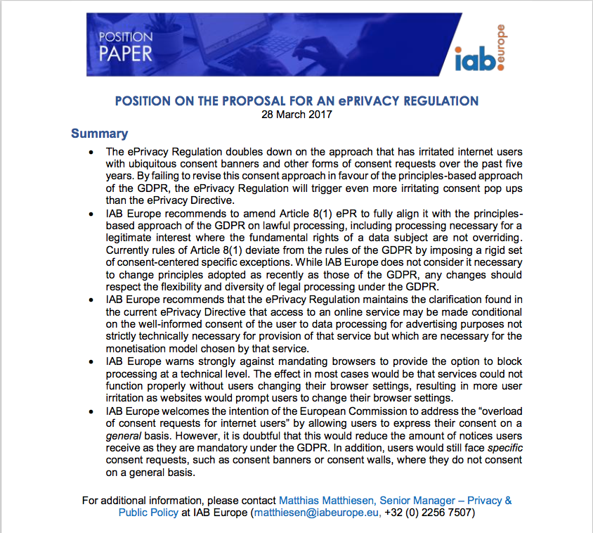 IAB position paper on ePrivacy